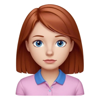Create emojis of a girl with light brown / dark red hair slightly wavy below the shoulder. Her eyes are gray-blue, her nose is small and straight, and her lips are pink and small. Eyes with long eyelashes. The polo shirt is white. The emoji itself is up to chest level. sticker