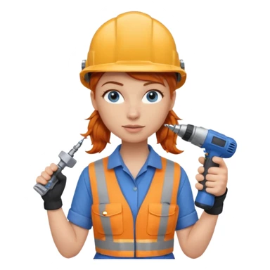 A ginger haired girl blue eyes, handyman Outfit, wearing a Helmet, with drill sticker