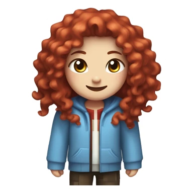 a white girl with long red curly hair and freckles, wearing periwinkle Minecraft hoodie playing a videogame smiling sticker