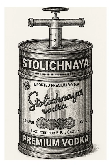 нарисуй в такой форме, как во вложении бутылку водки, но чтобы она была похожую на бочку нефти, в стиле как во вложении второе фото sticker