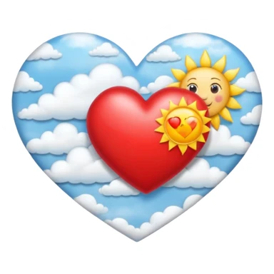 heart with a sun and clouds, silver bow with heart pattern on the bow, apple emoji style sticker