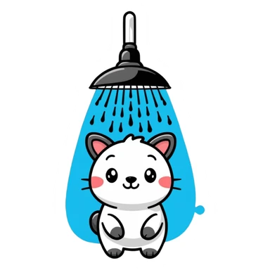 a cute animal under a showerhead with water droplets sticker