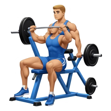 side-view bodybuilder in blue shorts seated weighted calf-raise machine on his tip toes sticker