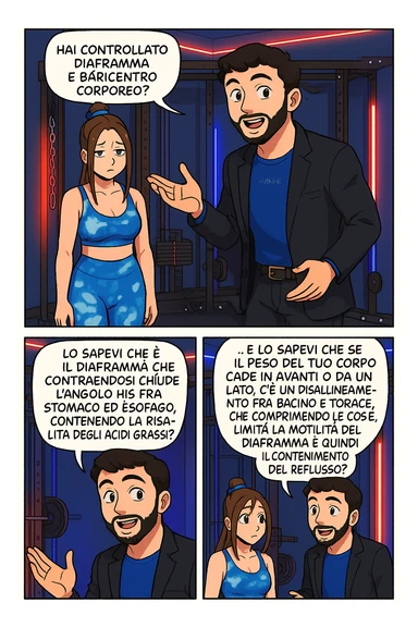 TRASFORMA QUESTO CAROSELLO IN UN FUMETTO STILE WEBTOON/MANGA A COLORI CON QUESTE DUE PERSONE IDENTICHE CHE INTERLOQUISCONO TRA LORO, L'uomo sta spiegando alla donna questo concetto:

LUI (UOMO): Hai controllato diaframma e baricentro corporeo?
LUI (UOMO): Lo sapevi che è il diaframma che contraendosi chiude l’angolo his fra stomaco ed esofago, contenendo la risalita degli acidi grassi?
LUI (UOMO): …e lo sapevi che se il peso del tuo corpo cade in avanti o da un lato, c’è un disallineamento fra bacino e torace, che comprimendo le coste, limita la motilità del diaframma e quindi il contenimento del reflusso? sticker