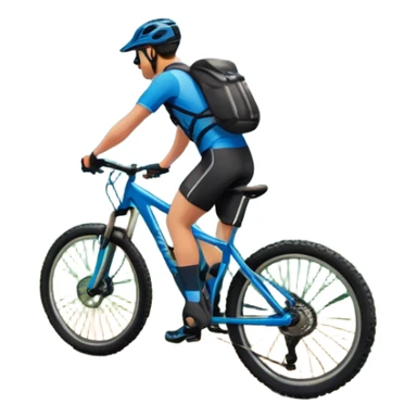 An icon featuring a mountain bike standing on a scenic trail. The background showcases majestic mountains, lush green valleys, and a bright blue sky with fluffy clouds. The sun casts warm light over the landscape, emphasizing the beauty of outdoor cycling. Transparent background sticker
