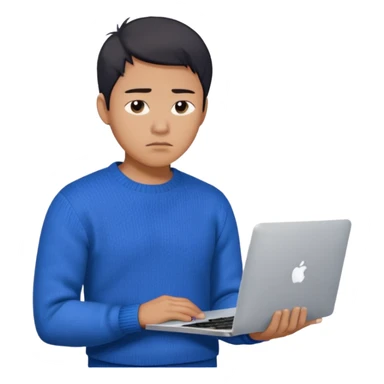 a asian handsome guy wearing a blue knit with white shirt, looking sad, holding a macbook, only upper body, high quality sticker