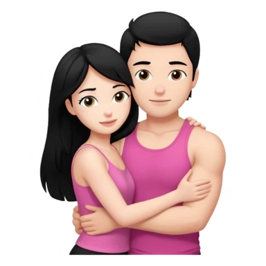 a pretty bratz fair girl. black hair, wearing a pink cami top, she is hugging a handsome fair guy with black hair. lean but muscular.the boy is wearing a black tshirt sticker