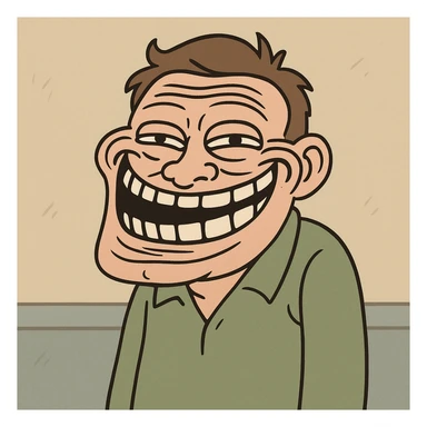 troll face cartoon style, exaggerated grin, high contrast sticker
