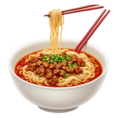 Sichuan Dan Dan Noodles with red chili oil and minced pork, simplified emoji style with bold outlines and bright colors, cartoon style spicy Chengdu street food sticker