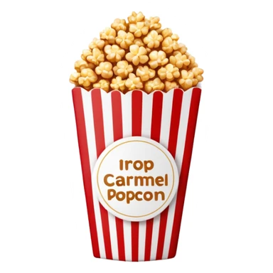 minimalist caramel popcorn in a red and white vertically striped package, golden brown caramel-covered popcorn, no text on package, only red and white stripes, glossy iOS emoji style sticker