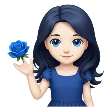 chibi girl with long dark hair, blue rose in hair, blue eyes, black dress, friendly smile, waving sticker
