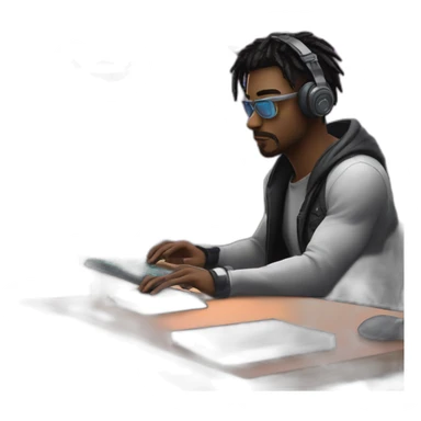 a male is coding at his cyberpunk room, there is a code at his monitor sticker