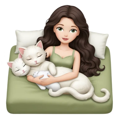 White Barbie girl dark brown long wavy hair sleeping with white kitty at pale olive bed sticker