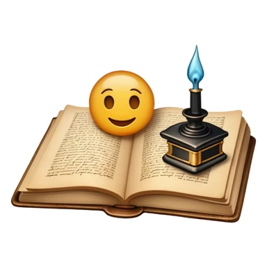 Create a vibrant emoji representing prose writing with an old-style, antique look. The design should include semi-turned pages of an old book with unfinished prose written on them. Add a vintage ink inkwell and a classic fountain pen or quill with black ink. The overall style should evoke a sense of timeless storytelling and literary craftsmanship. Make the background transparent. sticker