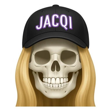 Create a skeleton head wearing a black baseball cap that says " JACQUI " in purple, and white lettering, with long blonde hair sticker