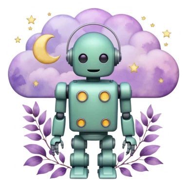 watercolor-style emoji of robot silhouette with “AI” inside a lilac cloud, connected to a soft circuit shape. gentle pastel palette (sage green, blush, lilac), surrounded by leaves, moon, and stars — poetic and calm aesthetic. sticker