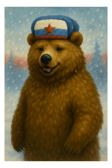Add Russian flag colors (white, blue, red) to the bear's accessories or background, keeping the classic style and winter theme. Maintain the classic bear style with winter elements and incorporate the flag colors subtly in the accessories or background. sticker
