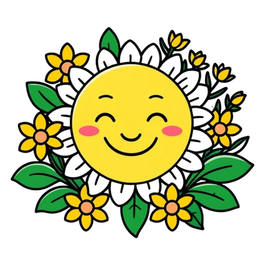 Spring flowers in garden with sun with inscription Good morning  sticker