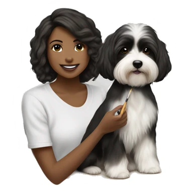 tan female artist painting black+white havanese on canvas sticker