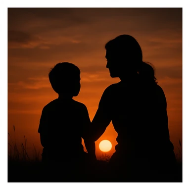 Silhouette of a mother and son watching the sunset together, serene and artistic sticker