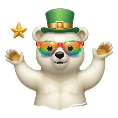 friendly anthropomorphised polar bear wearing oversized colorful star glasses and festive St. Patrick's Day outfit, swimming freestyle with joyful expression sticker
