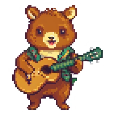 playful animal strumming a ukulele, pixel art style sticker