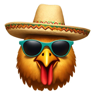 a chicken with sunglasses and a mexican hat sticker