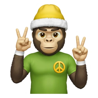 Gorilla wearing white sock hat with green tshirt that has a yellow hand doing the peace sign sticker