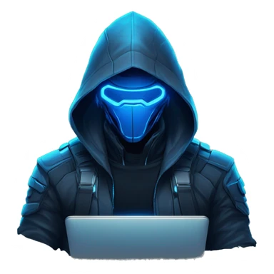 developer behind his laptop with this style : crysis Cyberpunk Riot Games Valorant neon glowing bright blue character blue black hooded assassin themed character sticker
