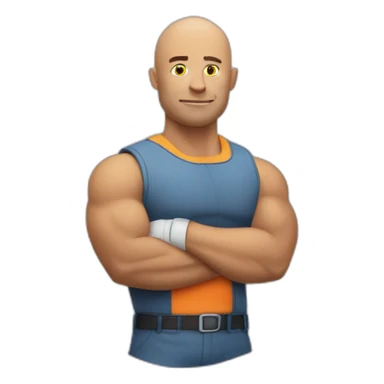 Bald muscular Man with a big round traffic sign in his hand which he uses as a shield sticker