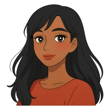 ghibli style pretty girl with long black hair, button nose, brown eyes, dark skin, pretty makeup and lashes sticker