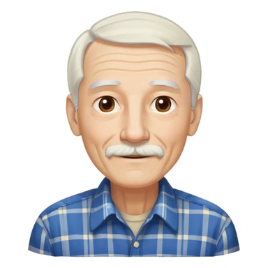 Elderly thin man with light skin. Elongated face with kind smile. Long straight white hair reaching down to chest, with some bangs. Light brown eyes. Thin eyebrows. White goatee and mustache. Very slim build. Wearing a blue and beige plaid shirt. sticker