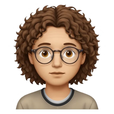 Slim, slightly oval face, light skin.
Medium-length brown wavy/curly hair, slightly messy.
Brown eyes, round eyeglasses.
Soft, calm expression.
No beard or very light stubble.
Minimal, high-quality style, not cartoonish.
Neutral background, soft lighting. sticker