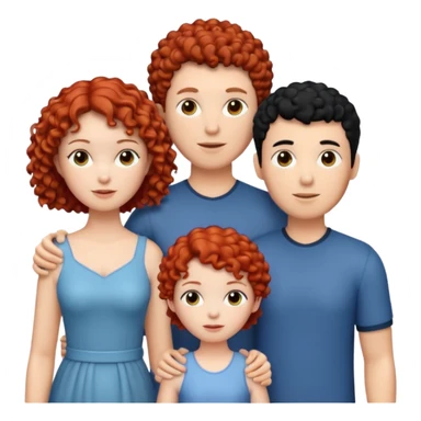 crie uma figurinha com uma família de três uma mulher branca de cabelo  cacheado curto vermelho um homem branco de cabelos preto e uma menina branca de cabelos cacheados preto sticker