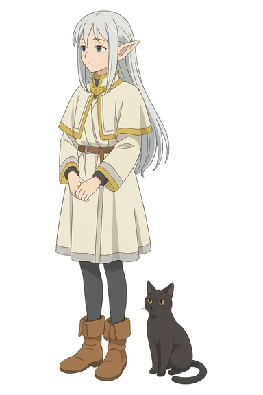Frieren from Frieren: Beyond Journey's End, standing with a black cat at her feet, anime style, serene mood sticker