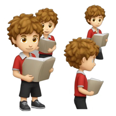 Caucasian-boy-child-shaggy-brown-hair-red-polo-shirt-black-trousers-doing-homework sticker