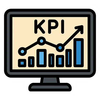 flat vector KPI dashboard icon, black rectangular screen frame, light background, four accent-colored blue bars in rising bar chart, simple line graph and data points overlay, minimal analytical tech-savvy sticker