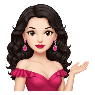 confident brunette woman, long black wavy hair, pink lipstick, red dance dress, big earrings, mature look sticker