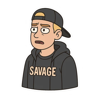 young man with short blonde hair, blue eyes, light skin, dark cap, dark hoodie over a "SAVAGE" t-shirt, white outline sticker effect sticker