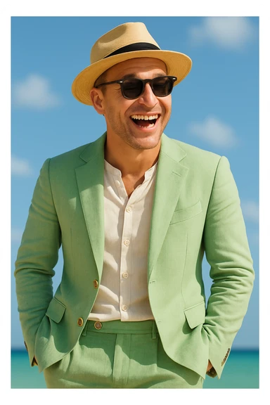 Make the man more animated and Scandinavian with lively expression and Scandinavian features. Keep the light green linen suit, sunglasses, and straw hat. sticker