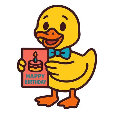 duck with bowtie holding birthday card, vibrant-toon style sticker