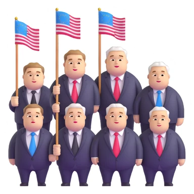 group of fat politicians together wearing suits with flag pins sticker