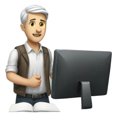 white man in front of notebook is standing and leaving a desk sticker