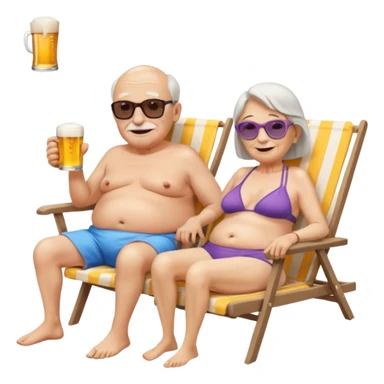 an emoji that shows elderly one slim woman in bikini and one man with dickbauch in bath shorts, both are retired and are lying in sun-chairs at the beach to recover from retiring-stress sticker