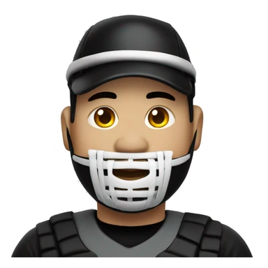 Fat Korean baseball umpire in a black outfit with mask sticker