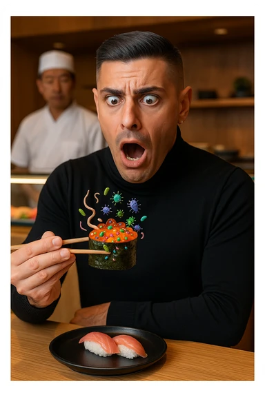 a man sits at a sushi bar, holding his chopsticks above a gunkan of salmon. As he looks closely, he notices visible parasites and bacteria—depicted as small worms and colorful bacterial shapes—on the surface of the sushi. His eyes widen and his mouth opens in shock, clearly alarmed. The background shows the sushi counter and chef, but the focus is on the man’s reaction and the contaminated sushi. sticker