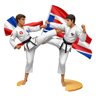 Two taekwondo fighters in a competition arena, one performing a high spinning kick towards the opponent’s head, while the other blocks with a precise guard. The background features a dynamic, bright arena with flags, emphasizing speed and agility in the martial art. Transparent background  sticker