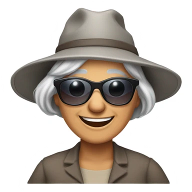 smiling younger grandma with hat and sunglasses , longer grey hair outdoors with a  happy donkey. sticker