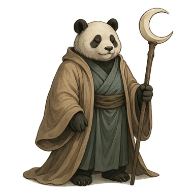 panda in flowing robes, holding a staff topped with a crescent moon, exuding peaceful mastery, blending mysticism and calm sticker