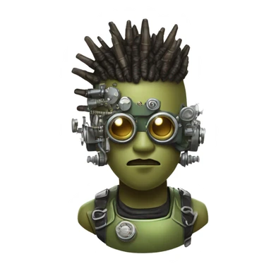 Olive green mohawk cyborg head with silver steampunk goggles, goatee and circuits sticker